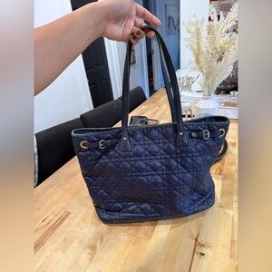 Christian Dior Tote Bag Blue Leather Cannage Logo Charm Auth USED Handbag #3507